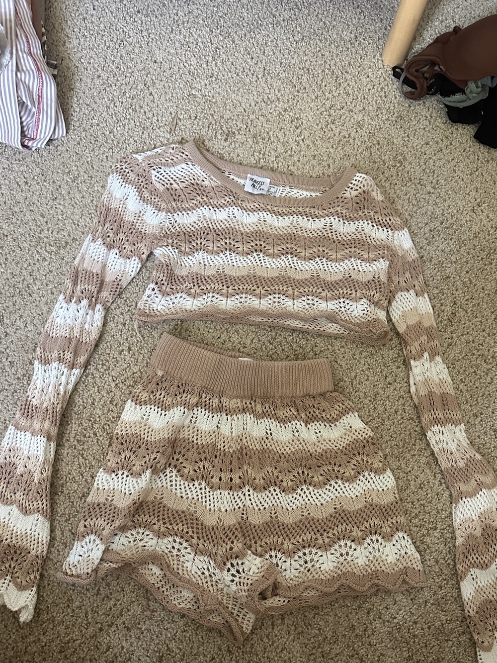 Princess Polly Beige & White Crochet Knit Two-Piece Loungewear Set